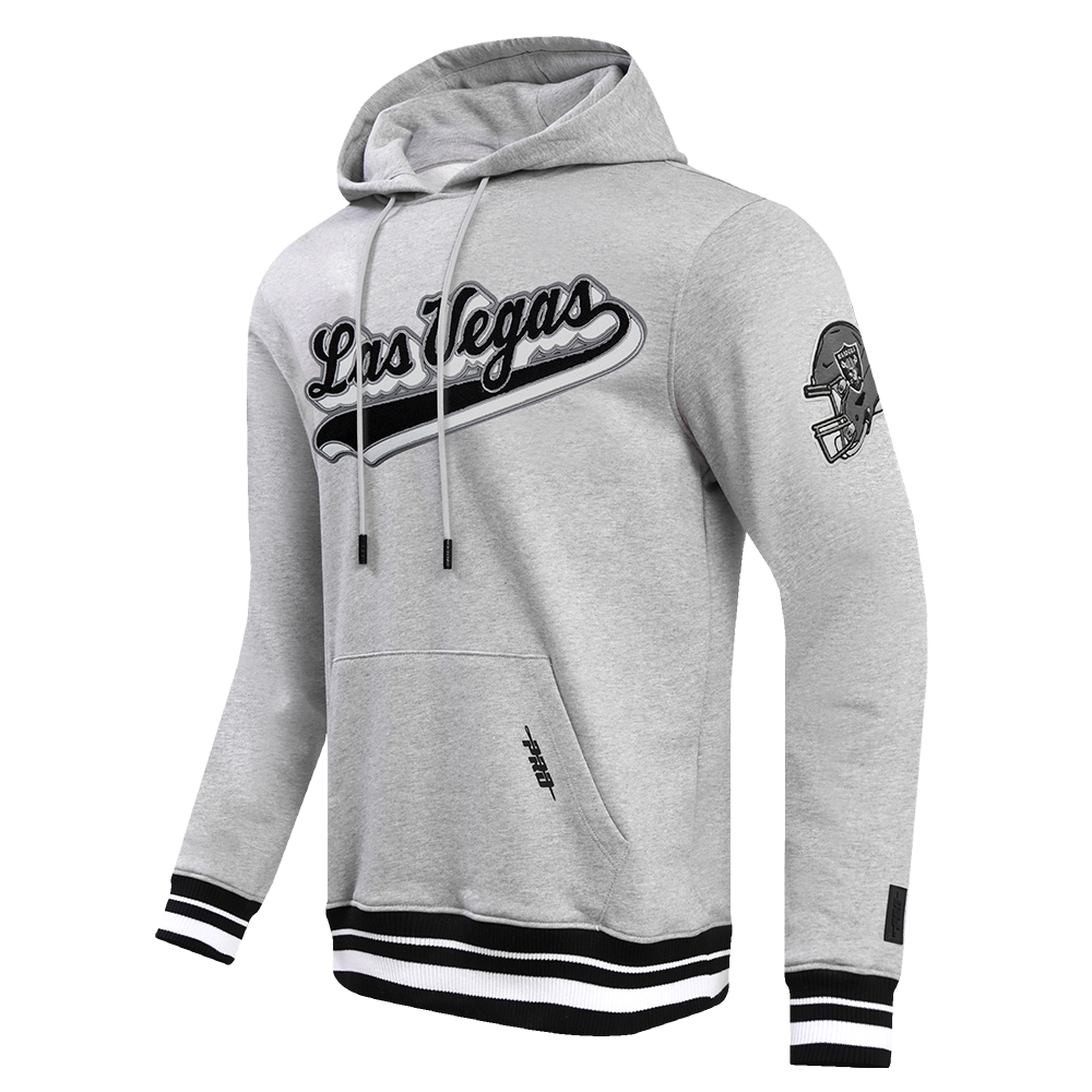 NFL LAS VEGAS RAIDERS SCRIPT TAIL MEN'S RIB FLEECE PULLOVER HOODIE (HEATHER GRAY/BLACK)