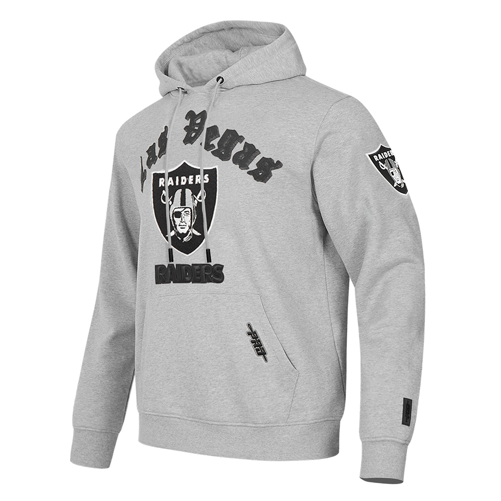NFL LAS VEGAS RAIDERS OLD ENGLISH MEN'S PULLOVER HOODIE (HEATHER GREY)