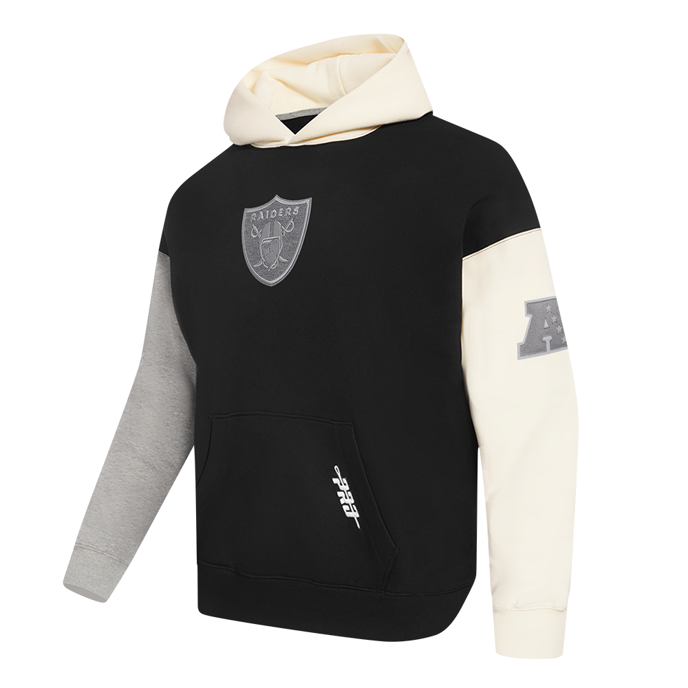 NFL LAS VEGAS RAIDERS REVERSE FRENCH TERRY MEN'S COLOR BLOCK FLEECE PULLOVER HOODIE (BLACK/GRAY/EGGSHELL)