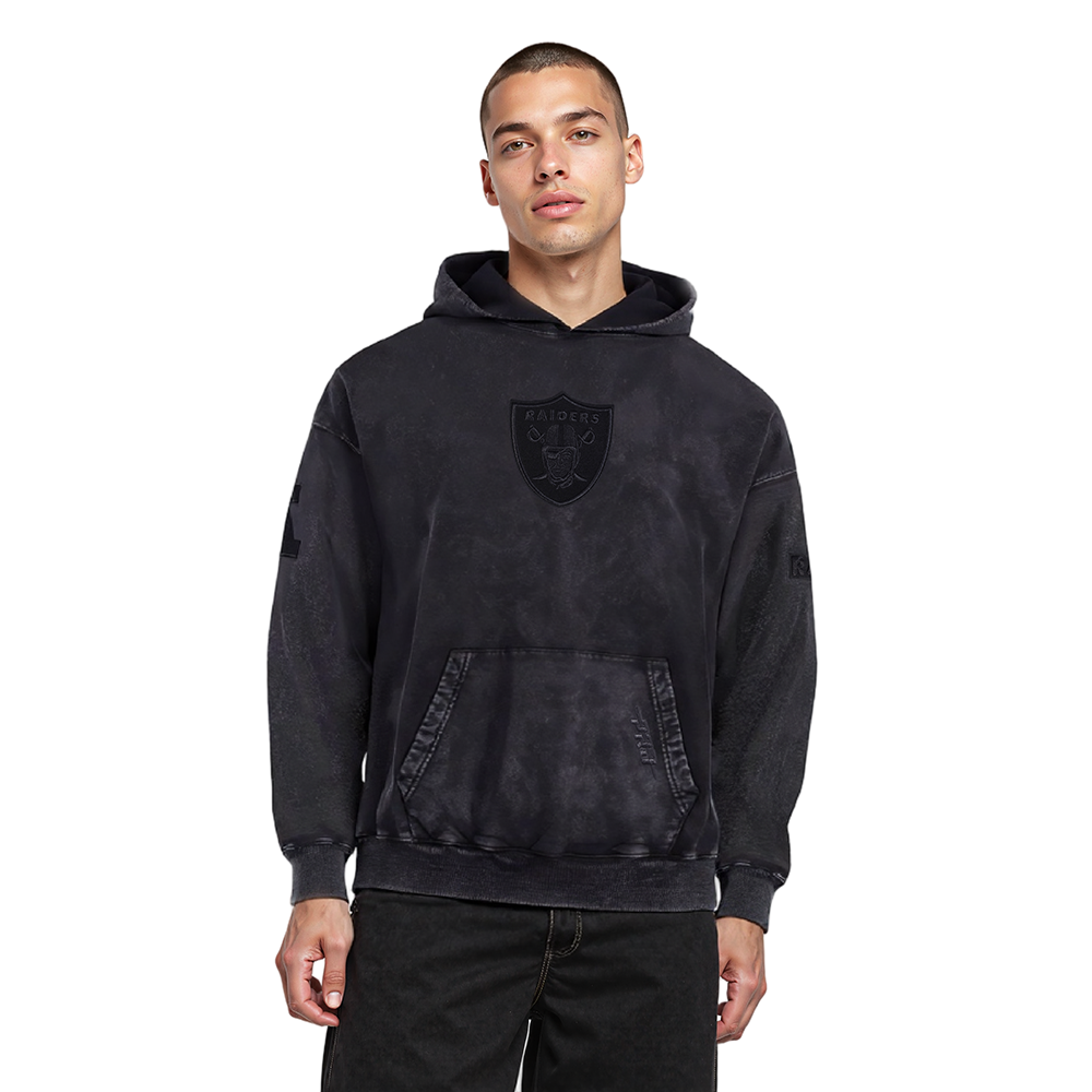 NFL LAS VEGAS RAIDERS WASHED CLASSIC MEN'S ENZYME WASH DROP SHOULDER HOODIE (WASHED BLACK)