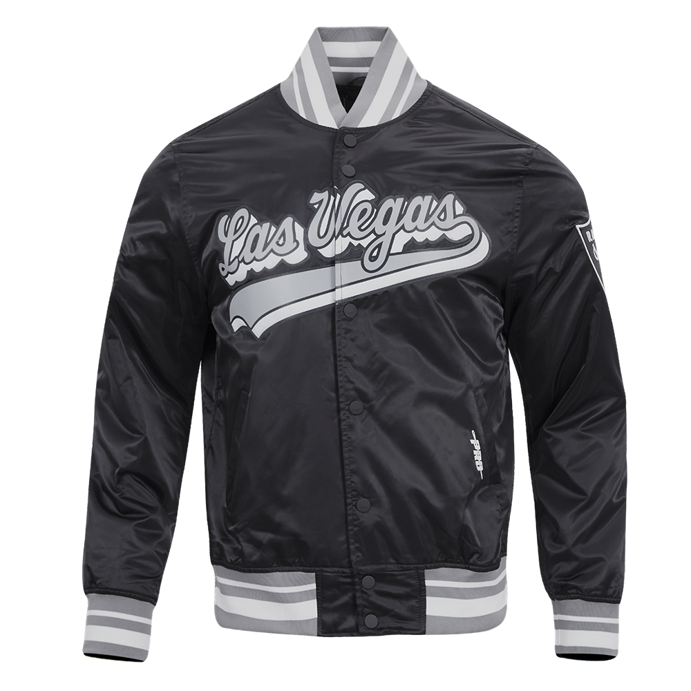 NFL LAS VEGAS RAIDERS SCRIPT TAIL MEN'S RIB SATIN JACKET (BLACK/GRAY)