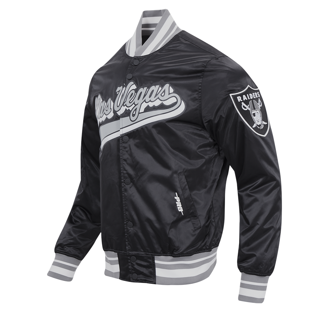 NFL LAS VEGAS RAIDERS SCRIPT TAIL BLOUSON EN SATIN À BORDS CÔTELÉS POUR HOMME (NOIR/GRIS)
