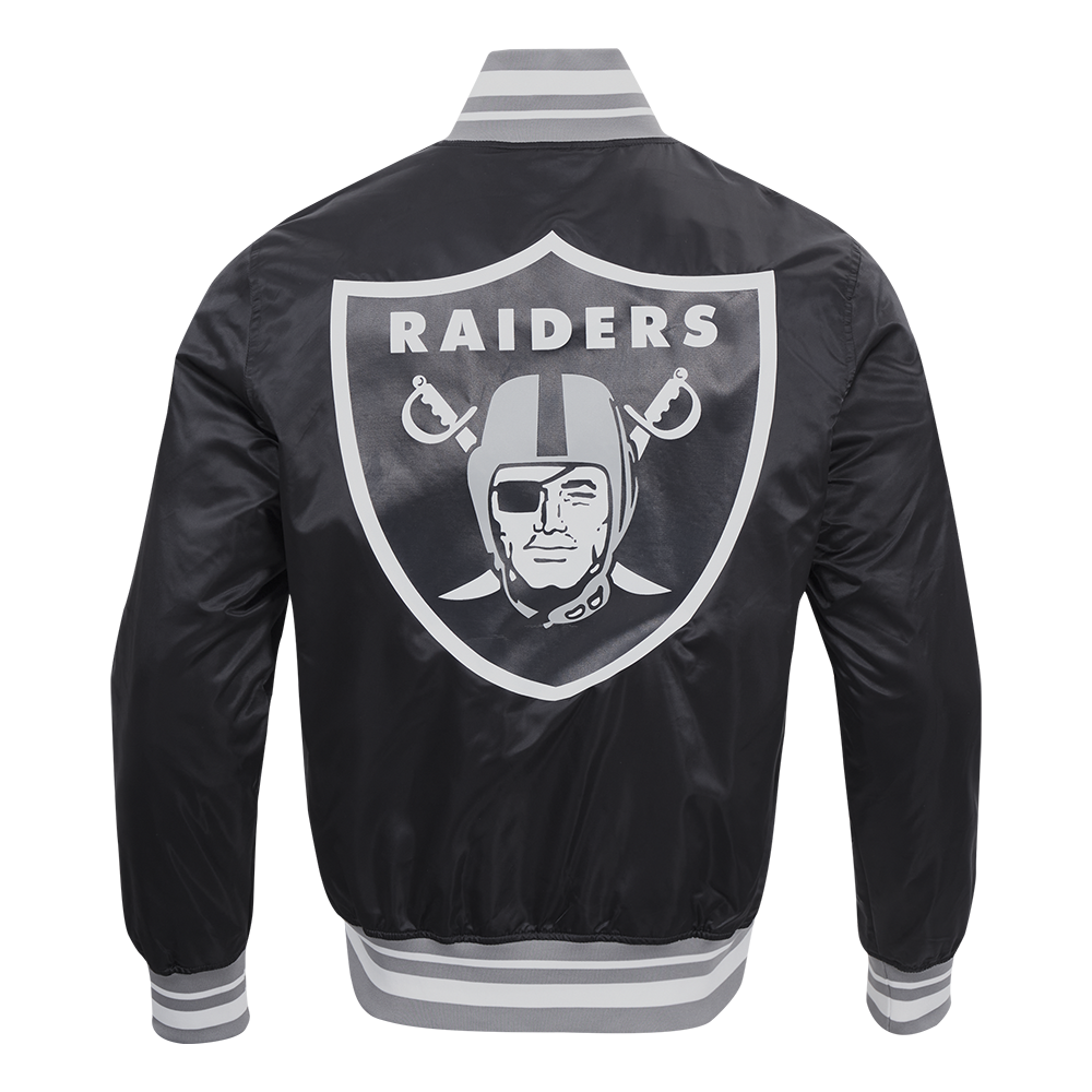 NFL LAS VEGAS RAIDERS SCRIPT TAIL MEN'S RIB SATIN JACKET (BLACK/GRAY)