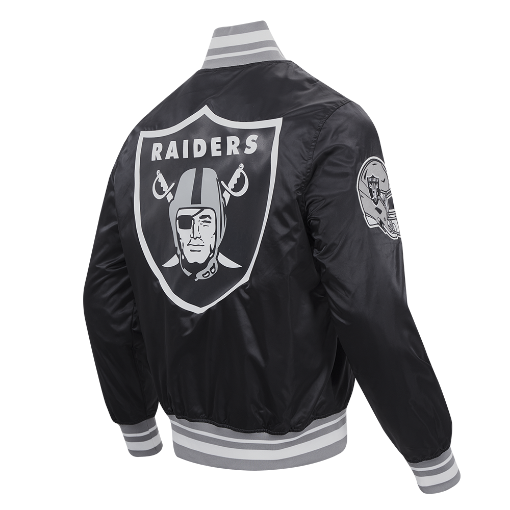 NFL LAS VEGAS RAIDERS SCRIPT TAIL MEN'S RIB SATIN JACKET (BLACK/GRAY)