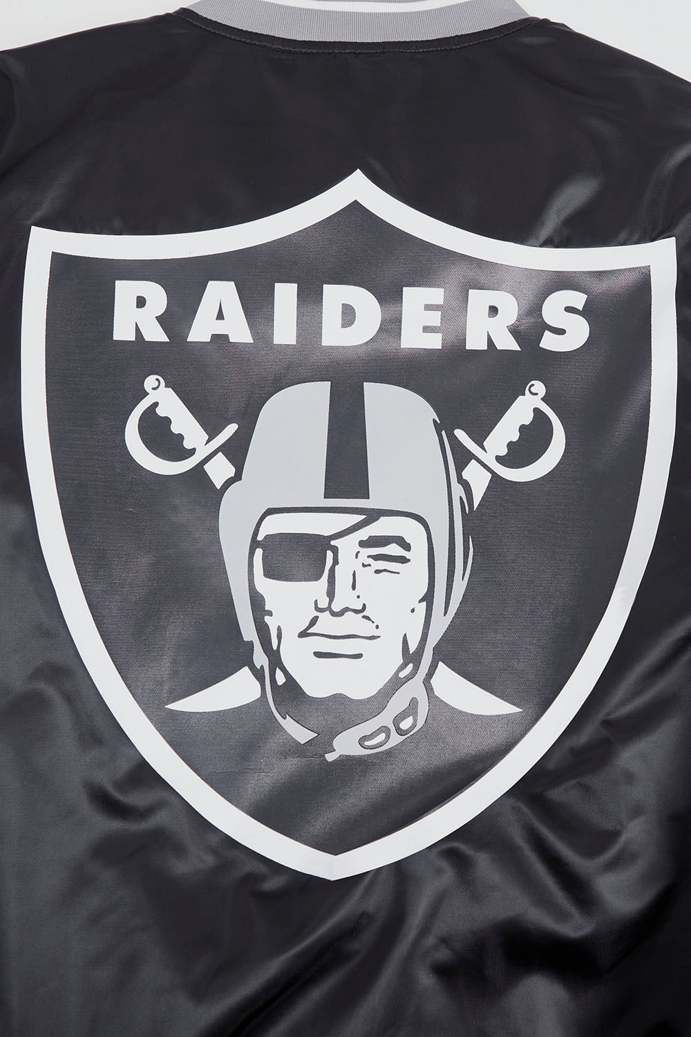 NFL LAS VEGAS RAIDERS SCRIPT TAIL MEN'S RIB SATIN JACKET (BLACK/GRAY)