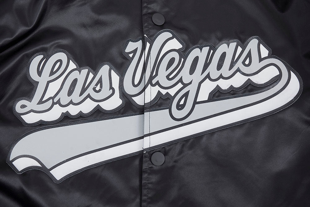 NFL LAS VEGAS RAIDERS SCRIPT TAIL MEN'S RIB SATIN JACKET (BLACK/GRAY)