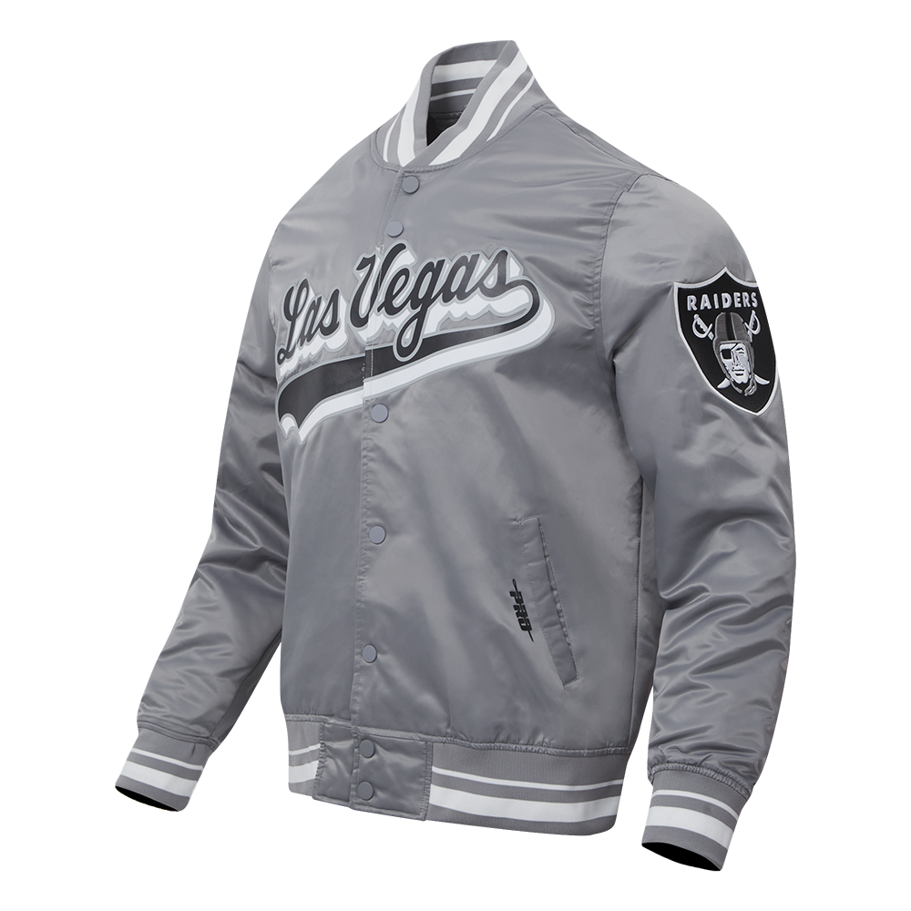 NFL LAS VEGAS RAIDERS SCRIPT TAIL BLOUSON EN SATIN À BORDS CÔTELÉS POUR HOMME (GRIS)