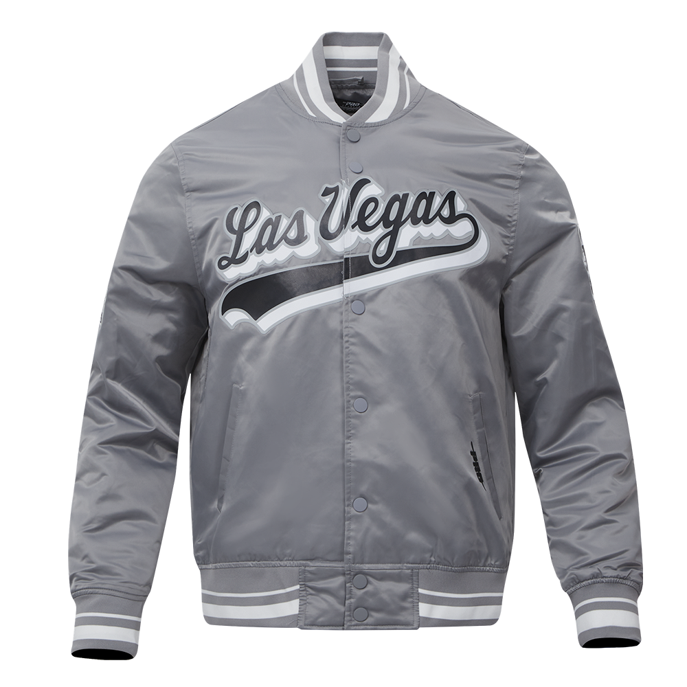 NFL LAS VEGAS RAIDERS SCRIPT TAIL BLOUSON EN SATIN À BORDS CÔTELÉS POUR HOMME (GRIS)