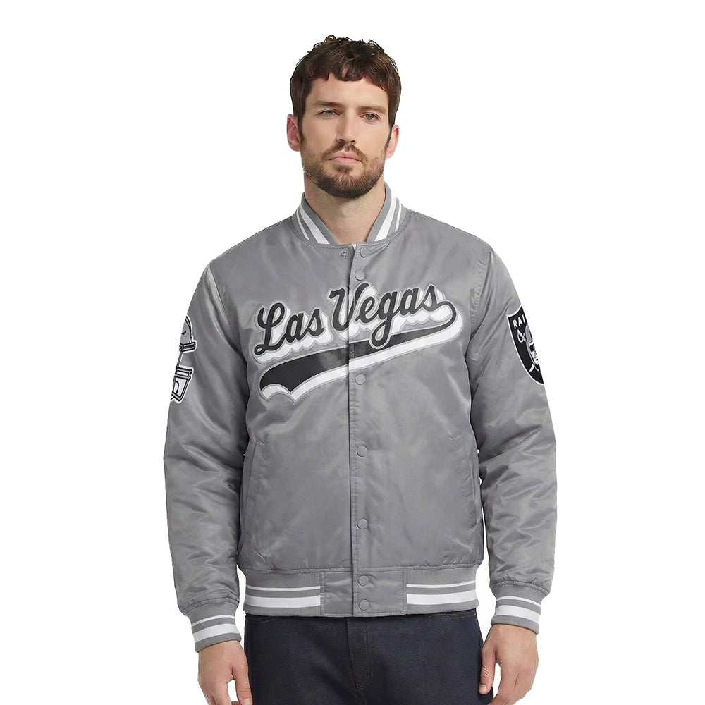 NFL LAS VEGAS RAIDERS SCRIPT TAIL BLOUSON EN SATIN À BORDS CÔTELÉS POUR HOMME (GRIS)