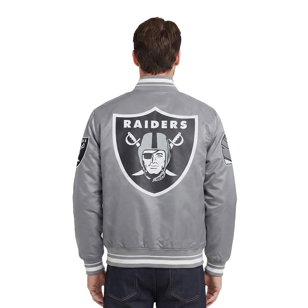 NFL LAS VEGAS RAIDERS SCRIPT TAIL MEN'S RIB SATIN JACKET (GRAY)
