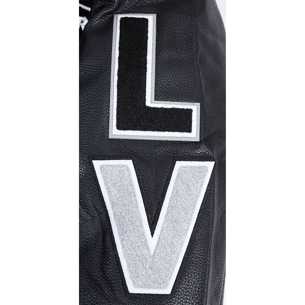 NFL LAS VEGAS RAIDERS SCRIPT TAIL MEN'S RIB WOOL VARSITY JACKET (BLACK/GRAY)