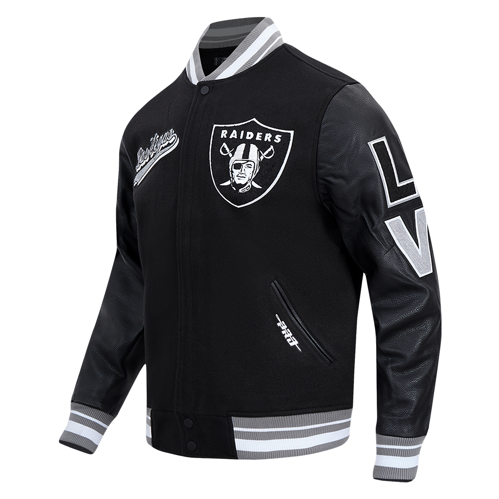 NFL LAS VEGAS RAIDERS SCRIPT TAIL MEN'S RIB WOOL VARSITY JACKET (BLACK/GRAY)