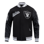 NFL LAS VEGAS RAIDERS SCRIPT TAIL MEN'S RIB WOOL VARSITY JACKET (BLACK/GRAY)