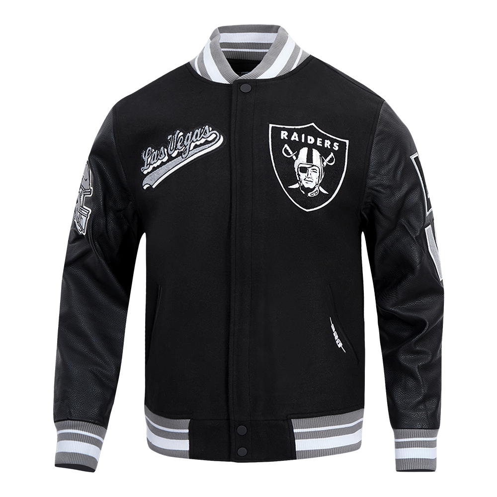 NFL LAS VEGAS RAIDERS SCRIPT TAIL MEN'S RIB WOOL VARSITY JACKET (BLACK/GRAY)