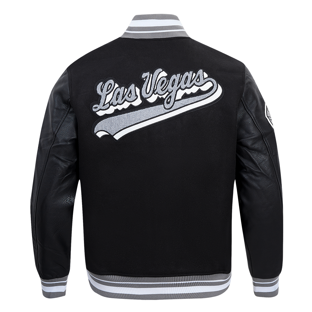NFL LAS VEGAS RAIDERS SCRIPT TAIL MEN'S RIB WOOL VARSITY JACKET (BLACK/GRAY)