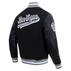 NFL LAS VEGAS RAIDERS SCRIPT TAIL MEN'S RIB WOOL VARSITY JACKET (BLACK/GRAY)