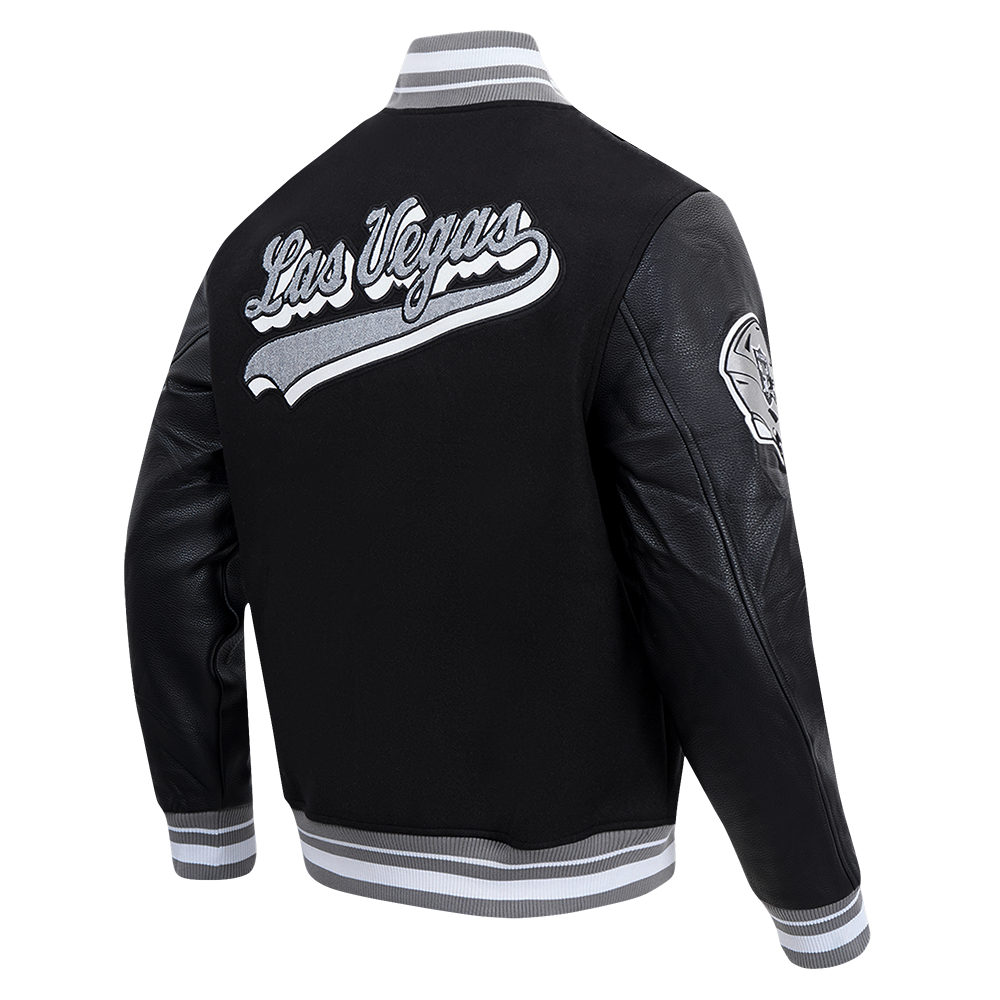 NFL LAS VEGAS RAIDERS SCRIPT TAIL MEN'S RIB WOOL VARSITY JACKET (BLACK/GRAY)
