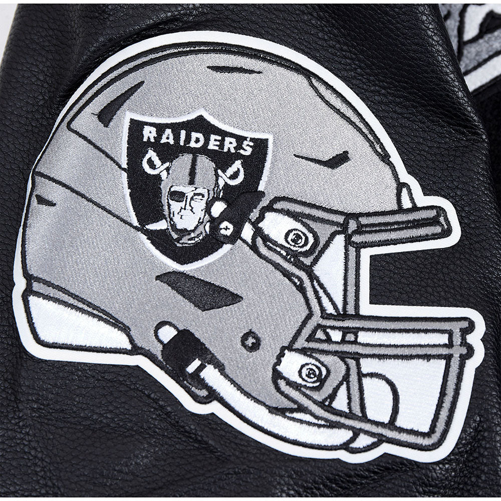 NFL LAS VEGAS RAIDERS SCRIPT TAIL MEN'S RIB WOOL VARSITY JACKET (BLACK/GRAY)