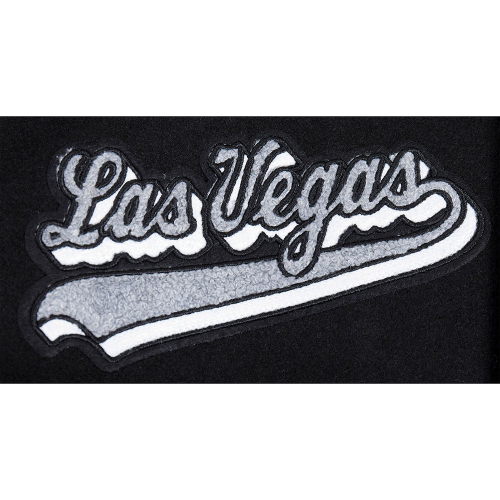 NFL LAS VEGAS RAIDERS SCRIPT TAIL MEN'S RIB WOOL VARSITY JACKET (BLACK/GRAY)