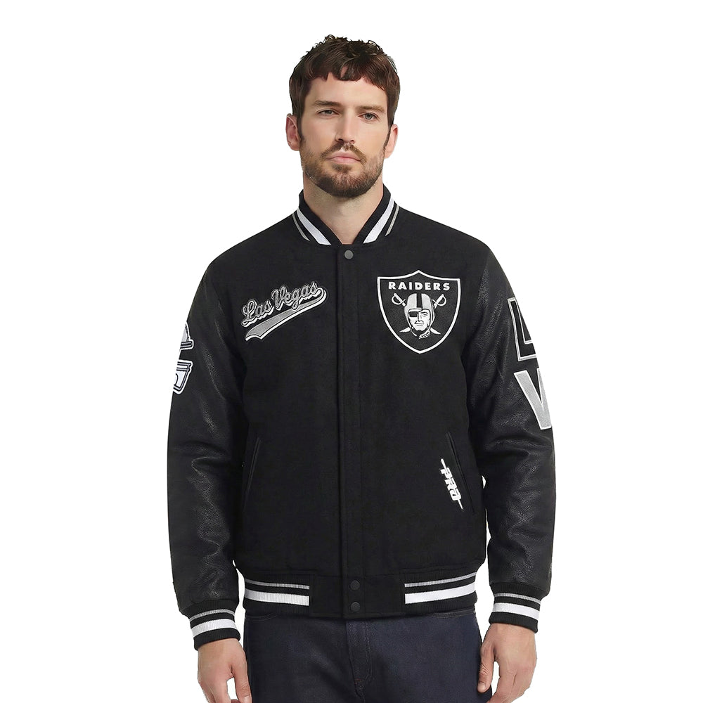 NFL LAS VEGAS RAIDERS SCRIPT TAIL MEN'S RIB WOOL VARSITY JACKET (BLACK/GRAY)