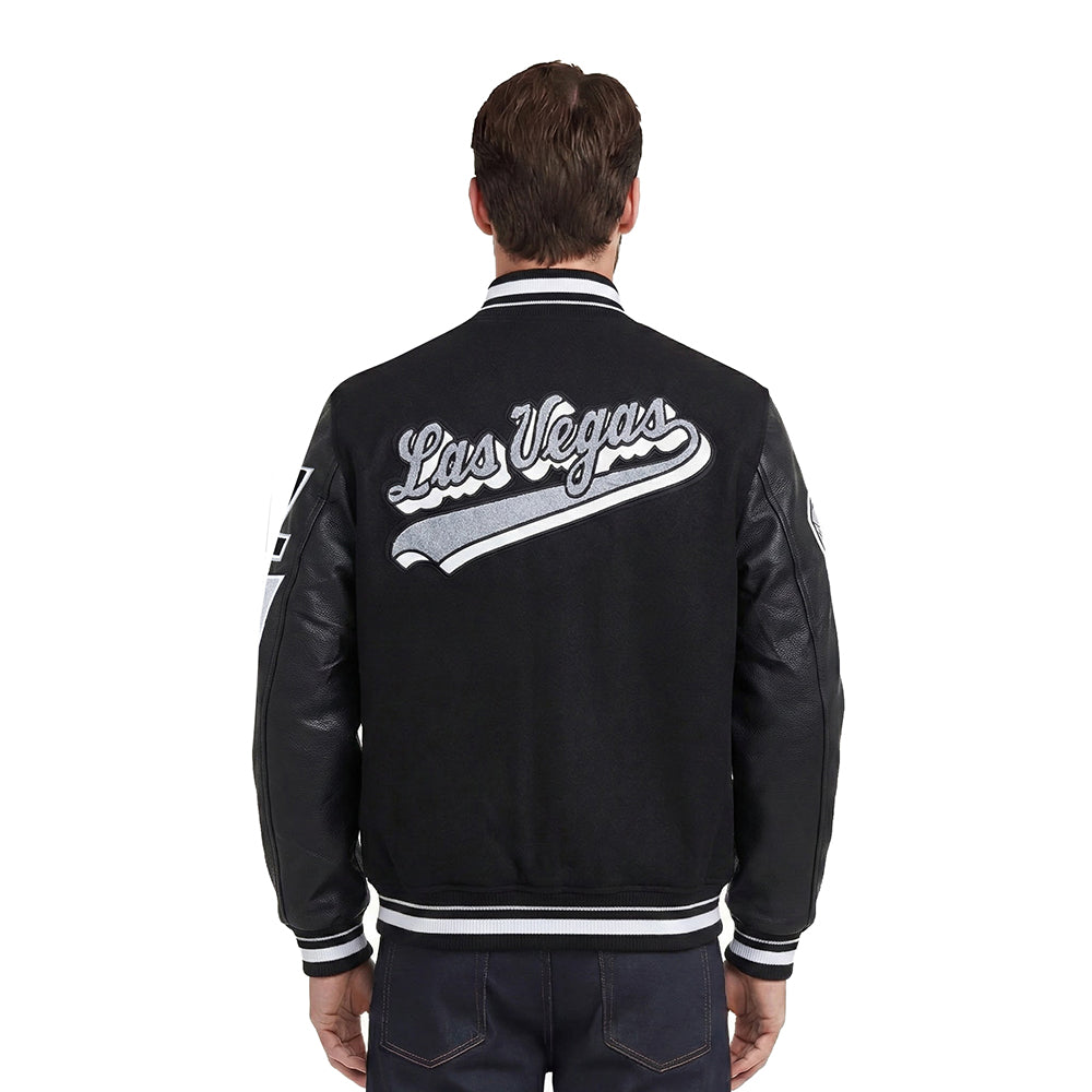 NFL LAS VEGAS RAIDERS SCRIPT TAIL MEN'S RIB WOOL VARSITY JACKET (BLACK/GRAY)