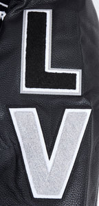 NFL LAS VEGAS RAIDERS SCRIPT TAIL MEN'S RIB WOOL VARSITY JACKET (BLACK/GRAY)