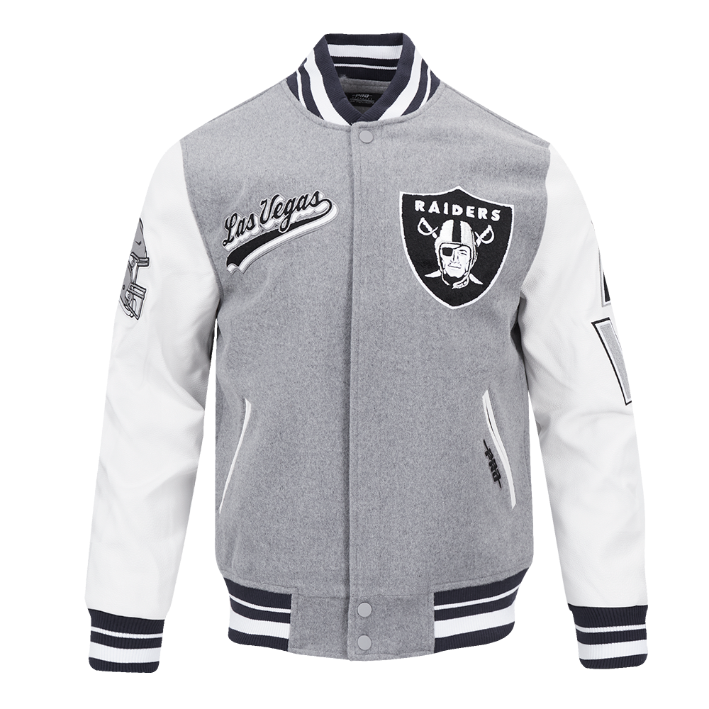 NFL LAS VEGAS RAIDERS SCRIPT TAIL MEN'S RIB WOOL VARSITY JACKET (HEATHER GREY/WHITE/BLACK)