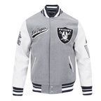 NFL LAS VEGAS RAIDERS SCRIPT TAIL MEN'S RIB WOOL VARSITY JACKET (HEATHER GREY/WHITE/BLACK)