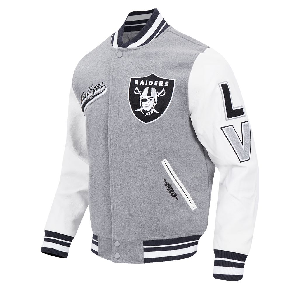 NFL LAS VEGAS RAIDERS SCRIPT TAIL MEN'S RIB WOOL VARSITY JACKET (HEATHER GREY/WHITE/BLACK)