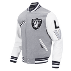 NFL LAS VEGAS RAIDERS SCRIPT TAIL MEN'S RIB WOOL VARSITY JACKET (HEATHER GREY/WHITE/BLACK)