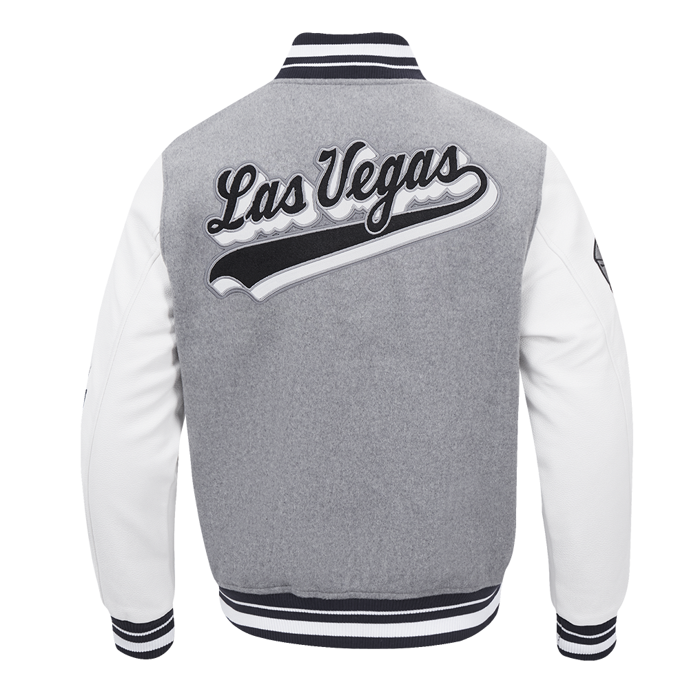 NFL LAS VEGAS RAIDERS SCRIPT TAIL MEN'S RIB WOOL VARSITY JACKET (HEATHER GREY/WHITE/BLACK)
