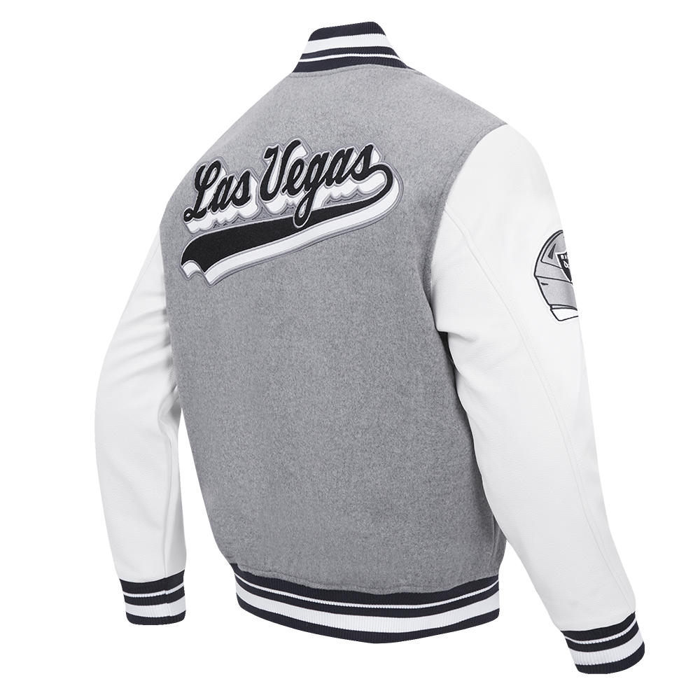 NFL LAS VEGAS RAIDERS SCRIPT TAIL MEN'S RIB WOOL VARSITY JACKET (HEATHER GREY/WHITE/BLACK)