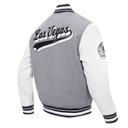 NFL LAS VEGAS RAIDERS SCRIPT TAIL MEN'S RIB WOOL VARSITY JACKET (HEATHER GREY/WHITE/BLACK)
