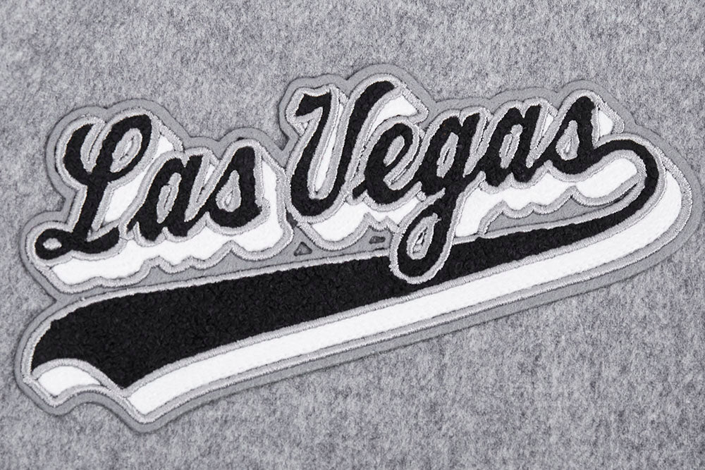 NFL LAS VEGAS RAIDERS SCRIPT TAIL MEN'S RIB WOOL VARSITY JACKET (HEATHER GREY/WHITE/BLACK)