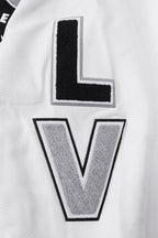 NFL LAS VEGAS RAIDERS SCRIPT TAIL MEN'S RIB WOOL VARSITY JACKET (HEATHER GREY/WHITE/BLACK)