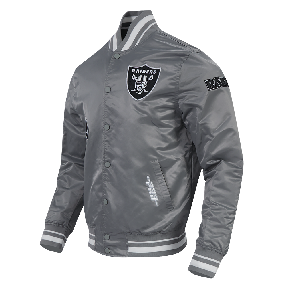 NFL LAS VEGAS RAIDERS OLD ENGLISH MEN'S LOGO SATIN JACKET (GRAY)