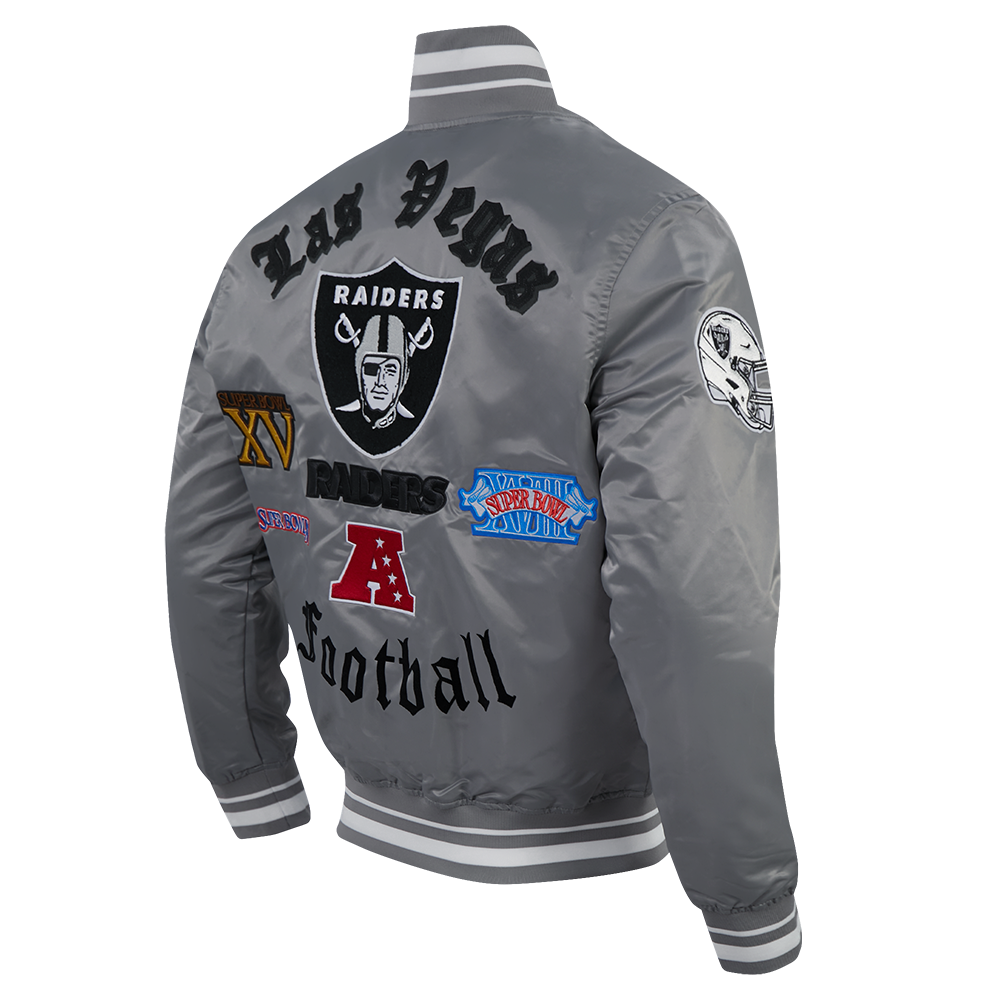 NFL LAS VEGAS RAIDERS OLD ENGLISH BLOUSON EN SATIN À LOGO POUR HOMME (GRIS)