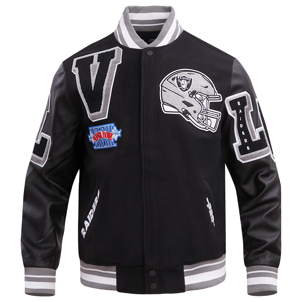 NFL LAS VEGAS RAIDERS MASH UP BLOUSON COLLÉGIAL EN LAINE À BORDS CÔTELÉS POUR HOMME (NOIR/GRIS)