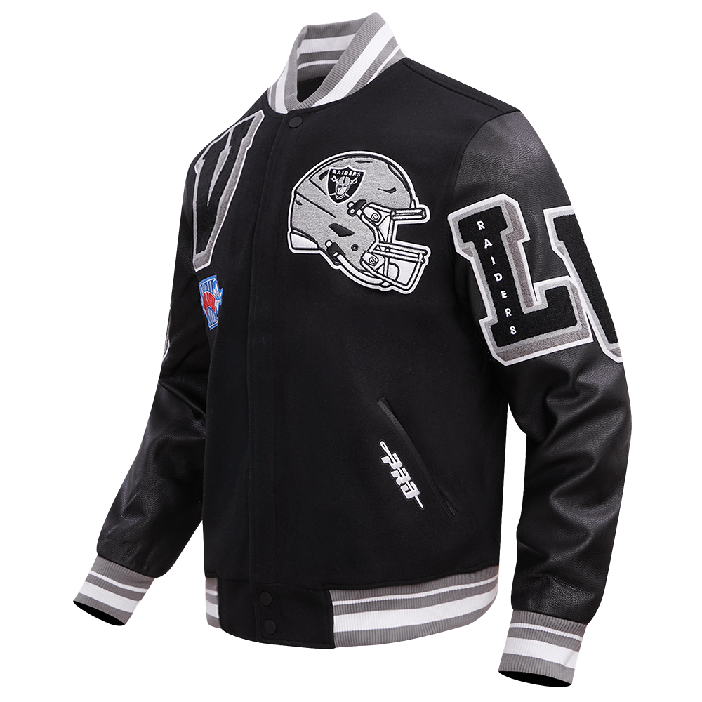 NFL LAS VEGAS RAIDERS MASH UP BLOUSON COLLÉGIAL EN LAINE À BORDS CÔTELÉS POUR HOMME (NOIR/GRIS)