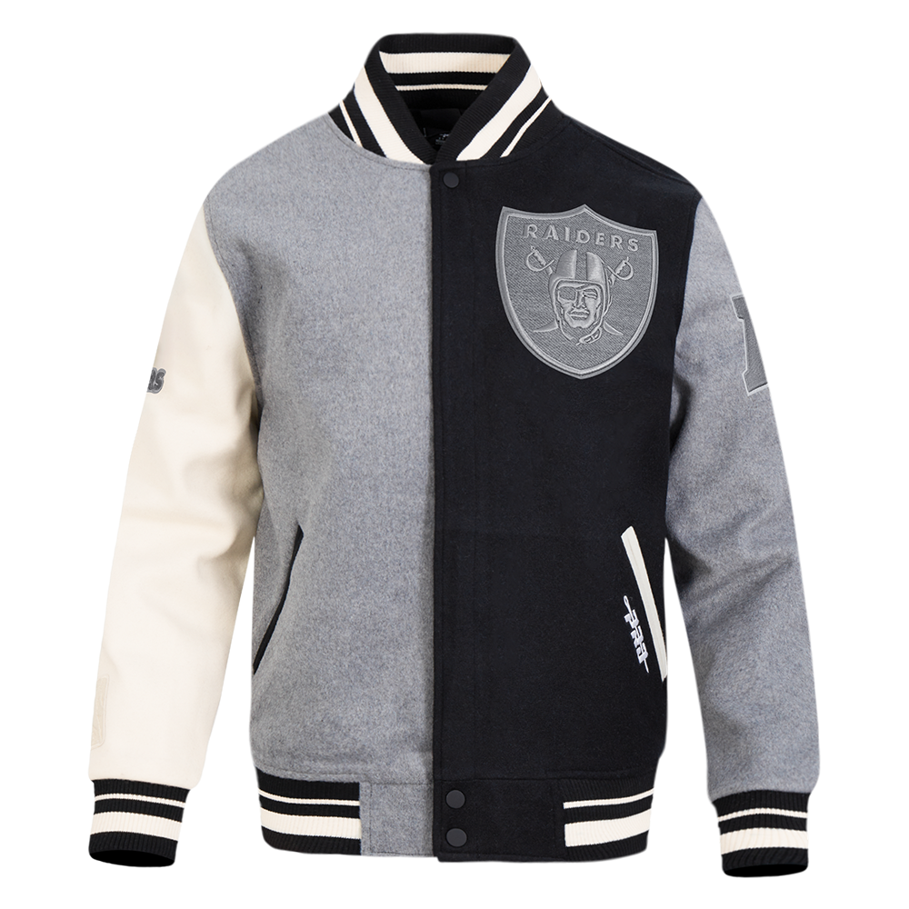 NFL LAS VEGAS RAIDERS REVERSE FRENCH TERRY MEN'S VARSITY JACKET (BLACK/GRAY/EGGSHELL)