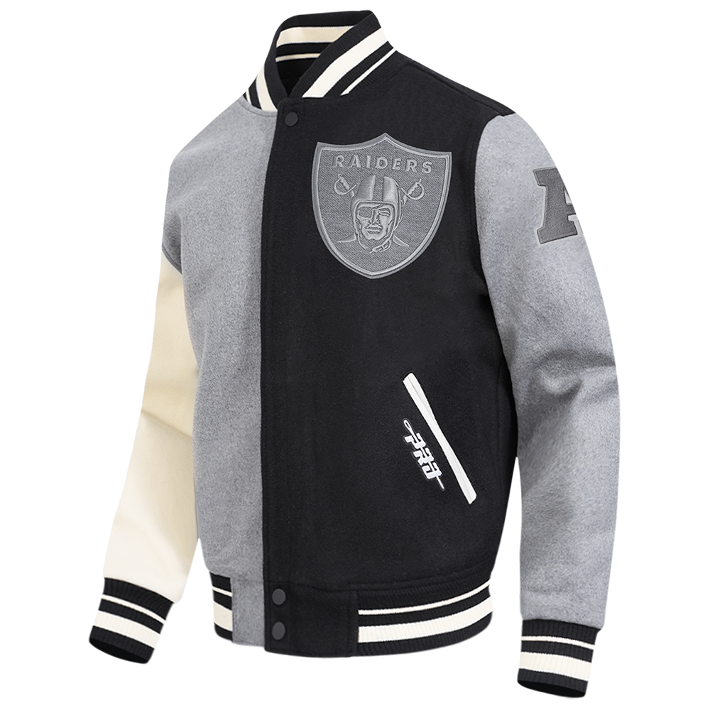 NFL LAS VEGAS RAIDERS REVERSE FRENCH TERRY MEN'S VARSITY JACKET (BLACK/GRAY/EGGSHELL)