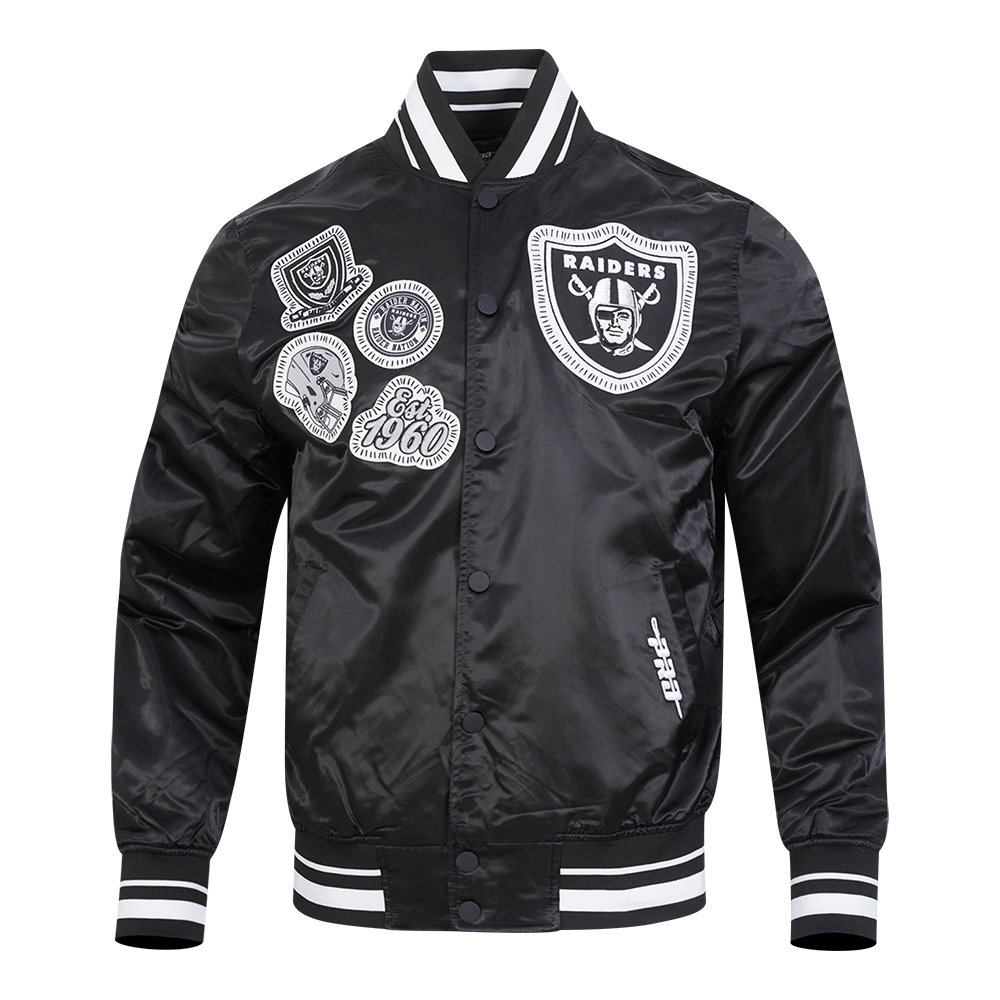 NFL LAS VEGAS RAIDERS DIY PICK STITCH BLOUSON EN SATIN À BORDS CÔTELÉS POUR HOMME (NOIR)