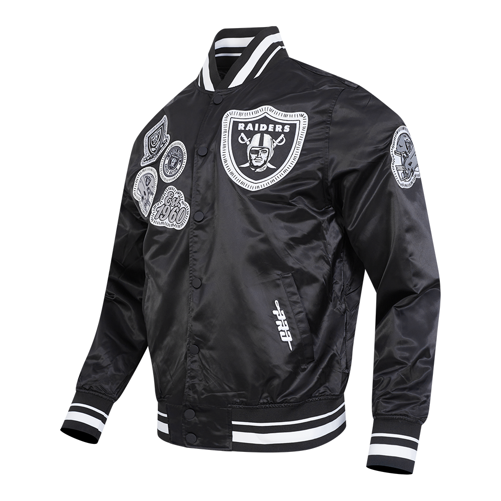 NFL LAS VEGAS RAIDERS DIY PICK STITCH BLOUSON EN SATIN À BORDS CÔTELÉS POUR HOMME (NOIR)
