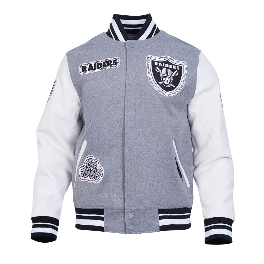 NFL LAS VEGAS RAIDERS DIY PICK STITCH MEN'S RIB WOOL VARSITY JACKET (HEATHER GREY/WHITE/BLACK)