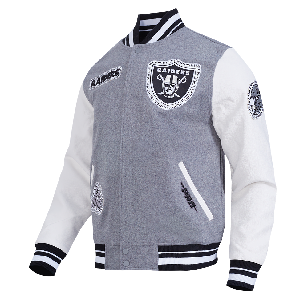 NFL LAS VEGAS RAIDERS DIY PICK STITCH MEN'S RIB WOOL VARSITY JACKET (HEATHER GREY/WHITE/BLACK)