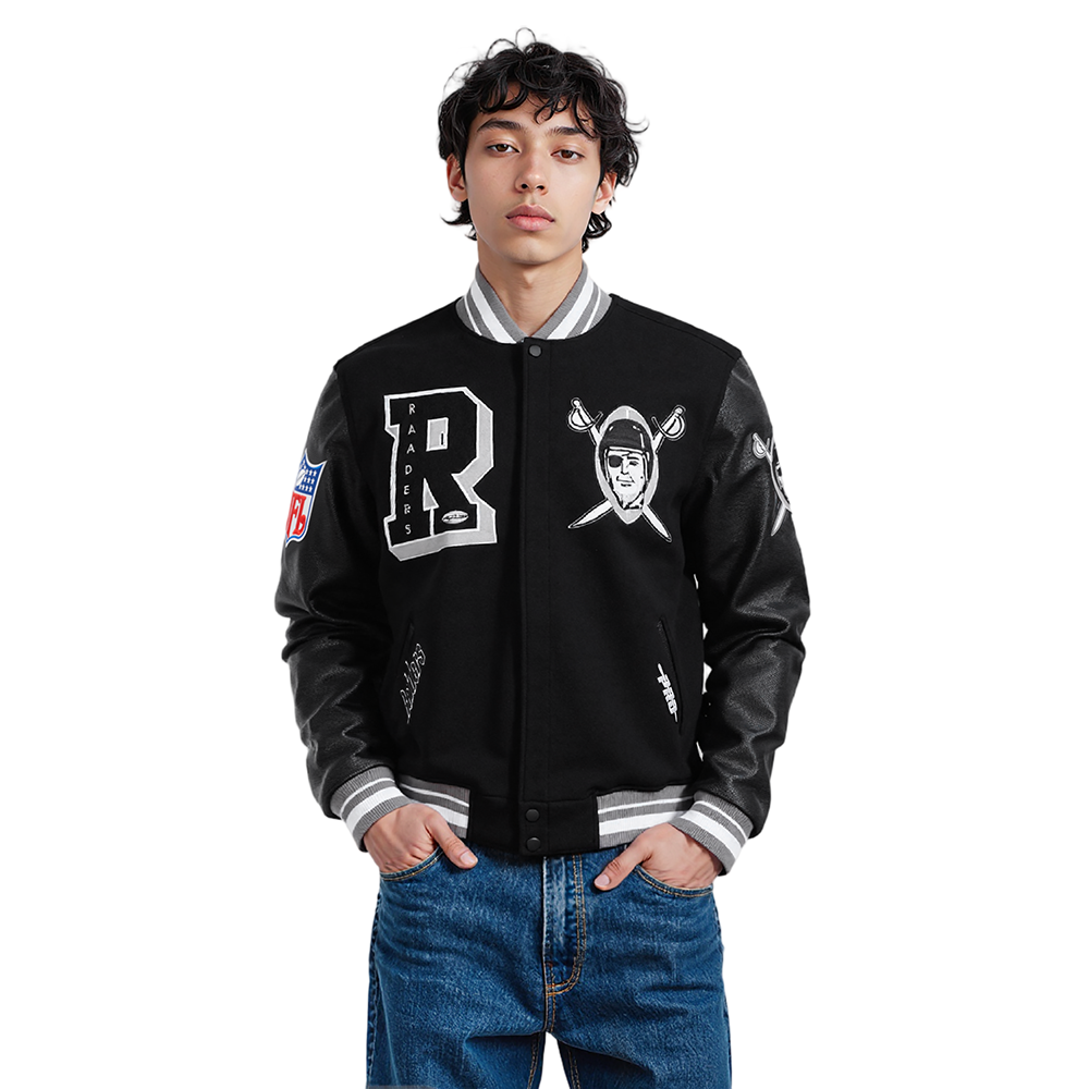 NFL LAS VEGAS RAIDERS BEST OF MEN'S RIB WOOL VARSITY JACKET (BLACK/GRAY)