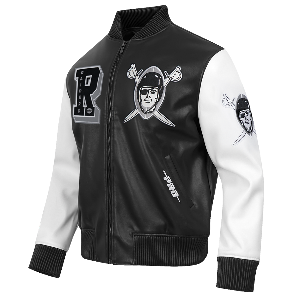 NFL LAS VEGAS RAIDERS BEST OF BLOUSON COLLÉGIAL EN CUIR POUR HOMME (NOIR/BLANC)