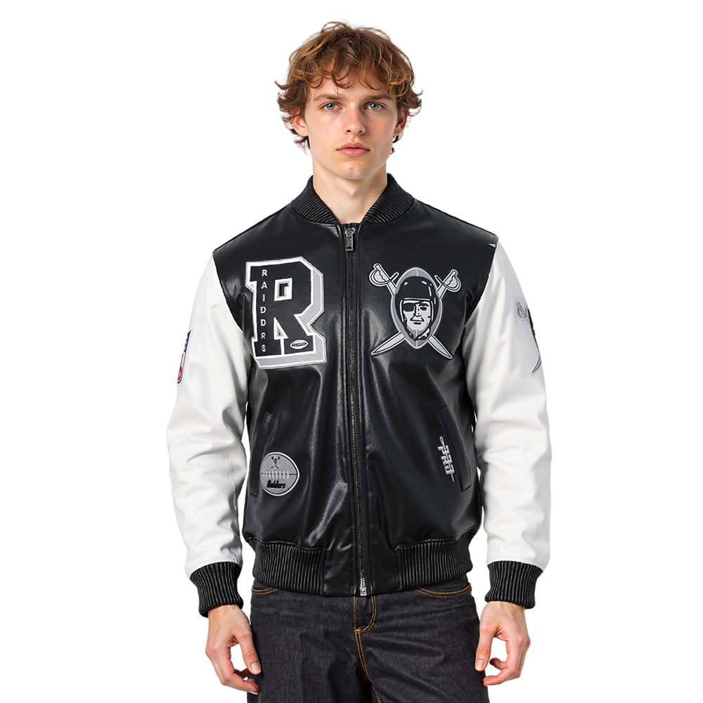 NFL LAS VEGAS RAIDERS BEST OF BLOUSON COLLÉGIAL EN CUIR POUR HOMME (NOIR/BLANC)