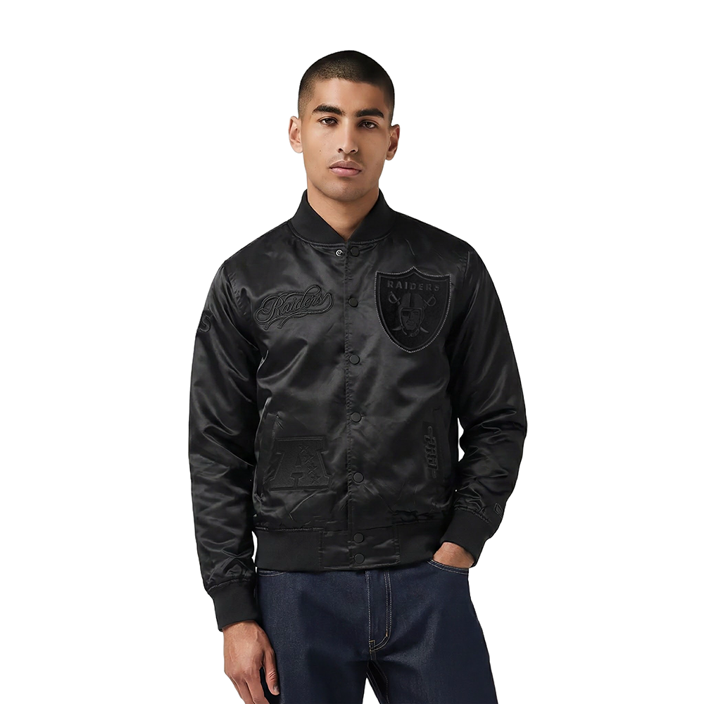 NFL LAS VEGAS RAIDERS BLACKOUT MEN'S SATIN JACKET (BLACK)