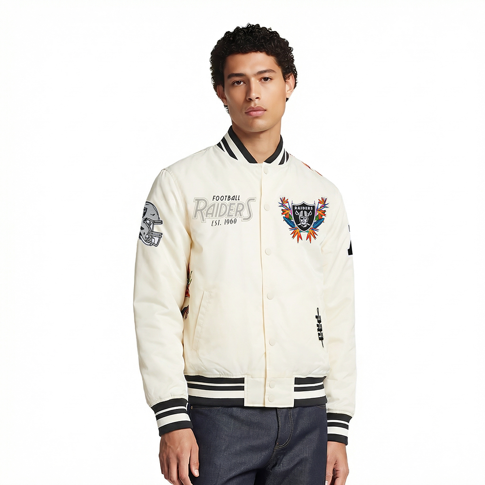 NFL LAS VEGAS RAIDERS PARADISE MEN'S SATIN JACKET (EGGSHELL/ BLACK)